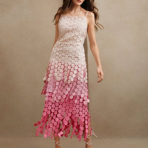 Pink Elegant Women's Round Tassel Hollow Out Embroidery High Waist Slip Dress - Picture 7 of 8